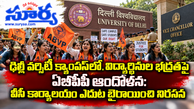ఢిల్లీ వర్సిటీ క్యాంపస్‌లో విద్యార్థినుల భద్రతపై ఏబీవీపీ ఆందోళన: వీసీ కార్యాలయం ఎదుట బైఠాయించి నిరసన