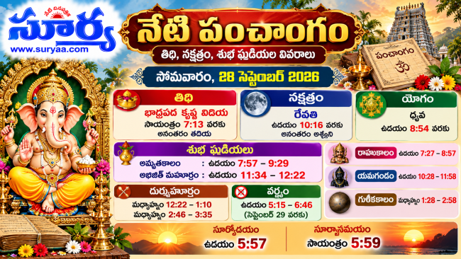 నేటి పంచాంగం: 28 సెప్టెంబర్ 2026, సోమవారం.. తిథి, నక్షత్రం, శుభ మరియు అశుభ సమయాలు