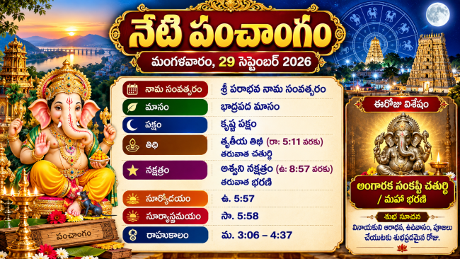  నేటి పంచాంగం: మంగళవారం, 29 సెప్టెంబర్ 2026 తిథి, నక్షత్రం, వర్జ్యం, రాహుకాలం మరియు శుభ ముహూర్తాల సమాచారం