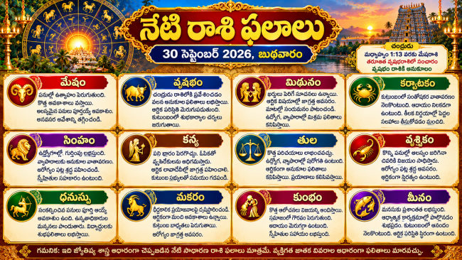 నేటి రాశి ఫలాలు: 30 సెప్టెంబర్ 2026, బుధవారం.. 12 రాశుల దినఫలితాలు