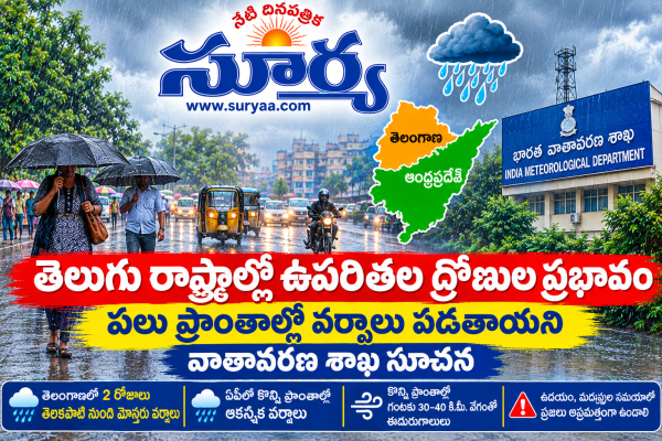 తెలుగు రాష్ట్రాల్లో ఉపరితల ద్రోణుల ప్రభావం పలు ప్రాంతాల్లో వర్షాలు పడతాయని వాతావరణ శాఖ సూచన