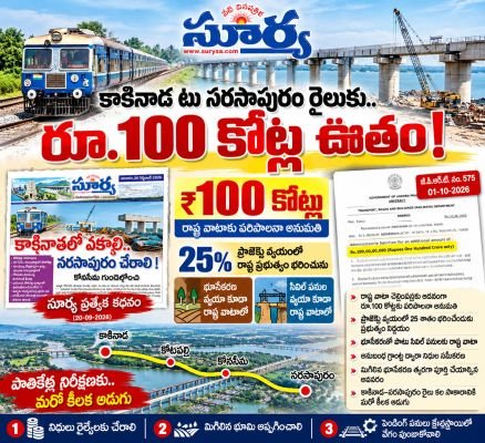 కాకినాడ టు నరసాపురం రైలుకు.. రూ వన్ ద కోట్ల భూతం సూర్య వార్తపై ప్రజల్లో అభినందనలు