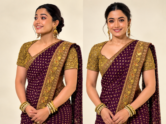 శారీలో తళుక్కుమన్న నేషనల్ క్రష్ రష్మిక మందన్న.. క్యూట్ లుక్స్‌తో నెట్టింట పిక్స్ వైరల్!