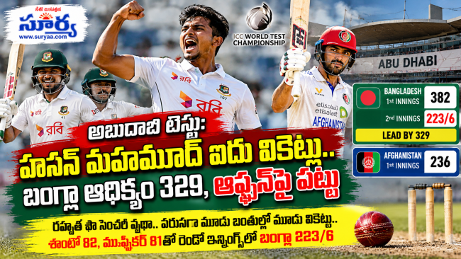 అబుదాబి టెస్టు: హసన్ మహమూద్ ఐదు వికెట్లు.. బంగ్లా ఆధిక్యం 329, ఆఫ్ఘన్‌పై పట్టు  రహ్మత్ షా సెంచరీ వృథా.. వరుసగా మూడు బంతుల్లో మూడు వికెట్లు.. శాంటో 82, ముష్ఫికర్ 81తో రెండో ఇన్నింగ్స్‌లో బంగ్లా 223/6