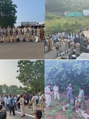 బుద్ధారంలో పోలీసుల ముమ్మర దాడులు-300 లీటర్ల బెల్లం పానకం, 20 లీటర్ల గుడుంబా స్వాధీనం దగ్ధం-32 వాహనాలు సీజ్ చేసిన పోలీసులు