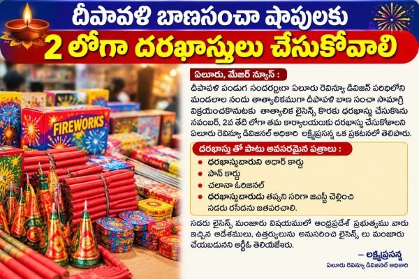 2 లోగా దీపావళి బాణసంచా షాపులకు దరఖాస్తులు చేసుకోవాలి