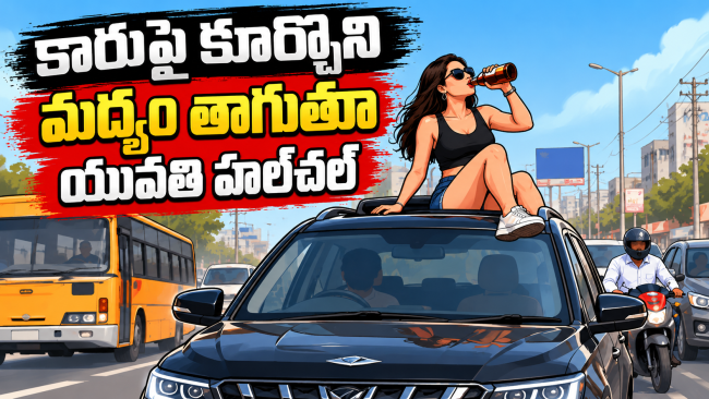 కారుపై కూర్చొని మద్యం తాగుతూ యువతి హల్‌చల్