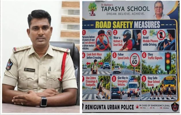 రోడ్డు భద్రతపై అవగాహన ఫ్లెక్సీ ఏర్పాటు - సిఐ జయచంద్ర 