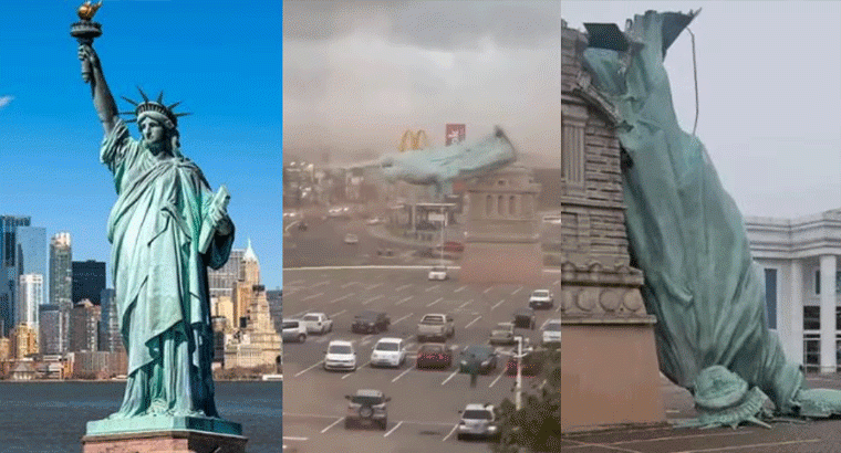 గంటకు 90 కిలోమీటర్ల వేగంతో గాలులు, ,,,కూలిన 79 అడుగుల ఎత్తైన స్టాట్యూ ఆఫ్ లిబర్టీ