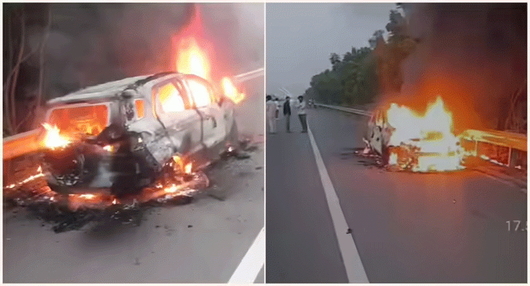 హైదరాబాద్ ఓఆర్ఆర్‌పై ఘోర ప్రమాదం,,,,కారులో చెలరేగిన మంటలు