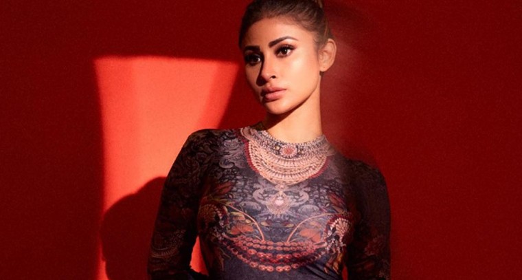 ప్రింటెడ్ బాడీ టైట్ గౌను లో మౌనీ రాయ్