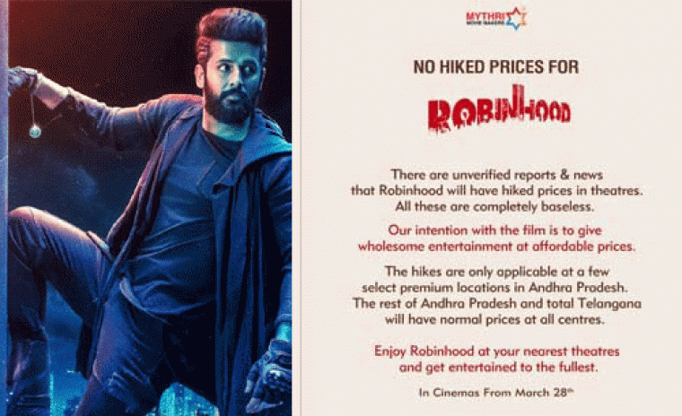 'రాబిన్హుడ్' టికెట్ ధరల పెంపు వివాదం... క్లారిటీ ఇచ్చిన మేకర్స్ 