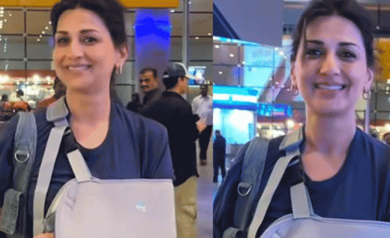 ముంబై ఎయిర్‌పోర్ వద్ద విరిగిన చేతితో కనిపించిన సోనాలి బింద్రే