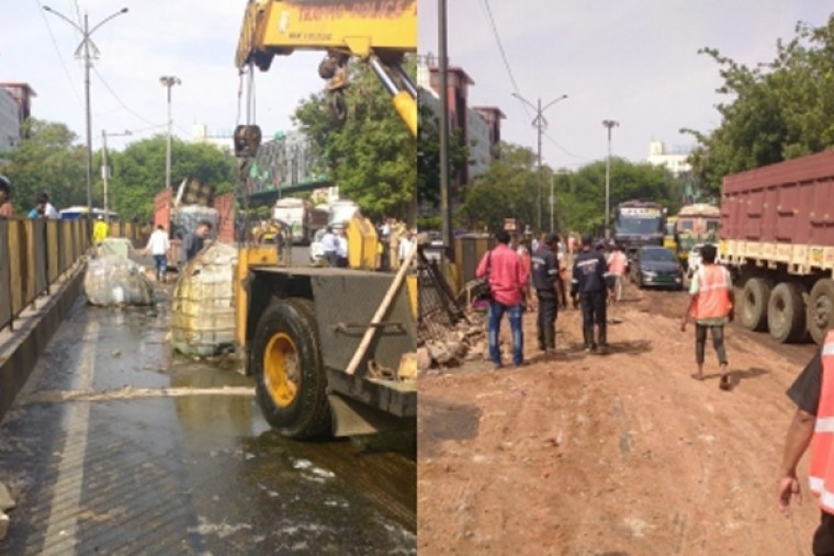 Oil spillage on Hyderabad road leads to massive traffic jam