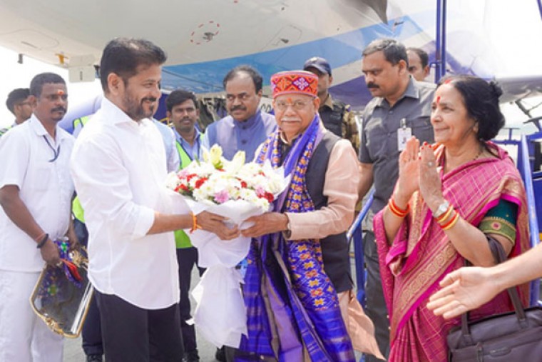 Telangana's newly-appointed Governor Shiv Pratap Shukla arrives in Hyderabad